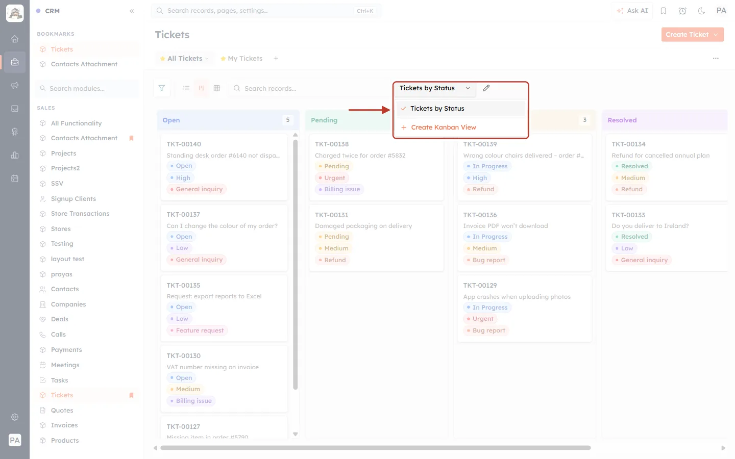 The Kanban view list
