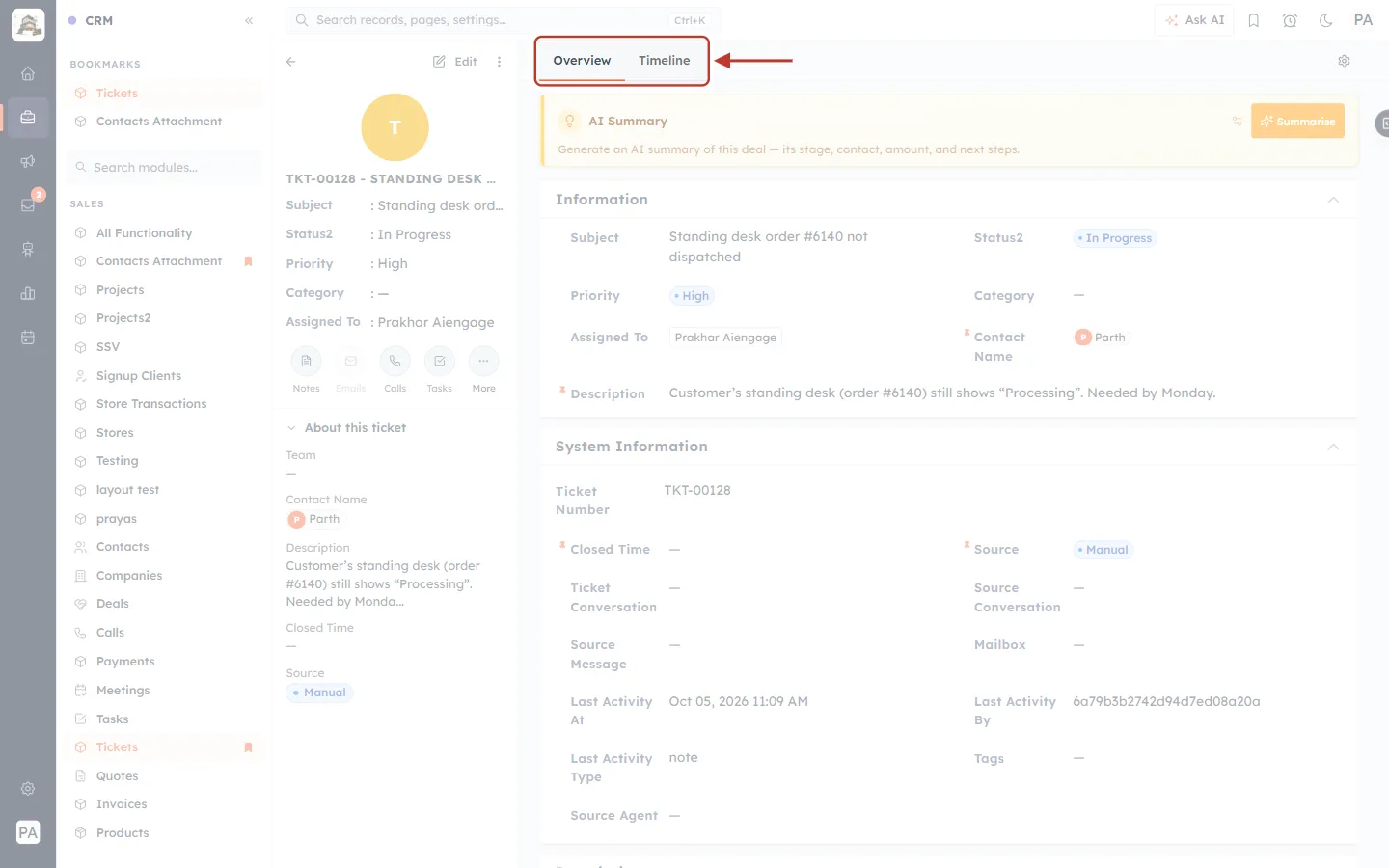 Overview and Timeline tabs