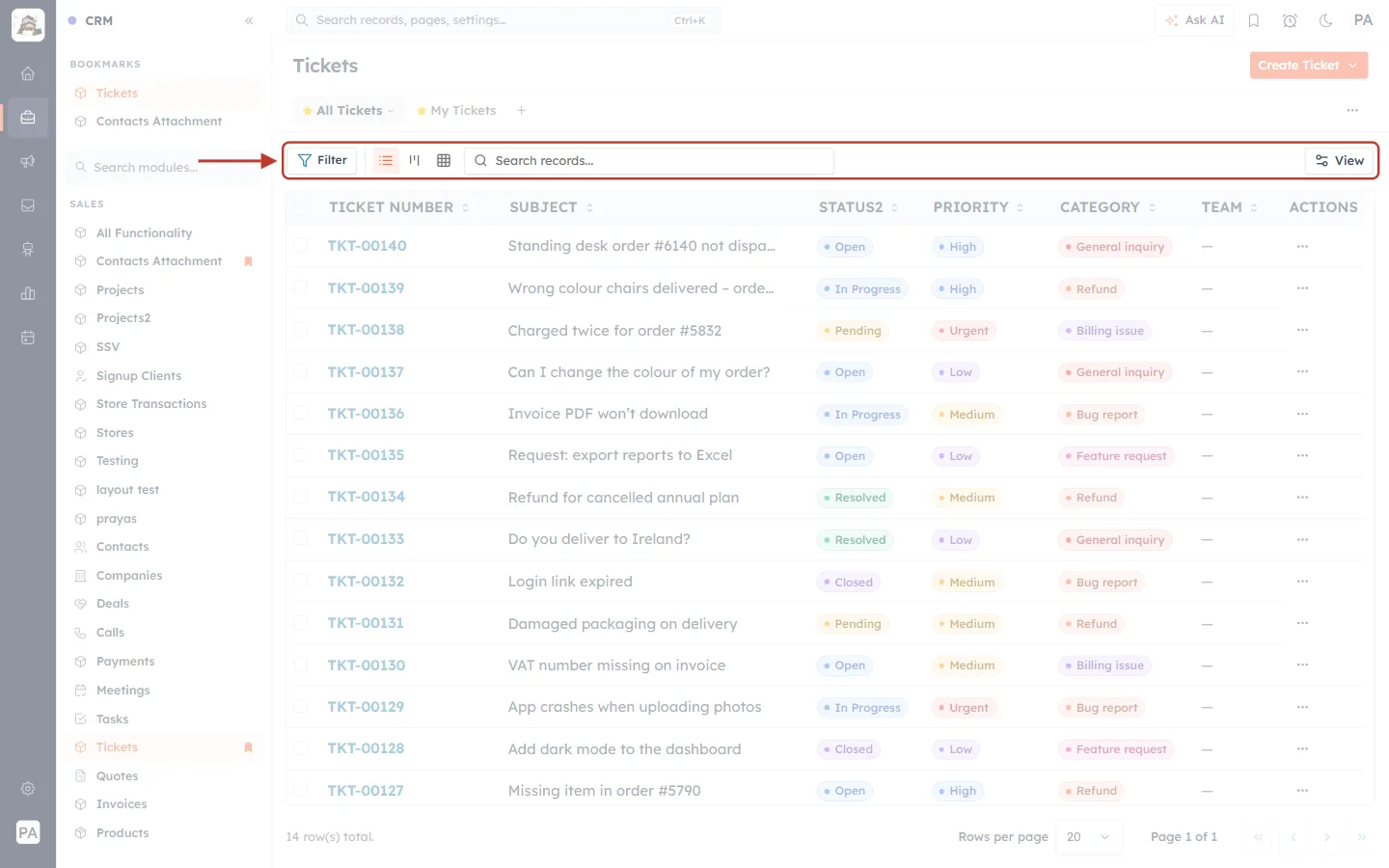 The ticket list toolbar
