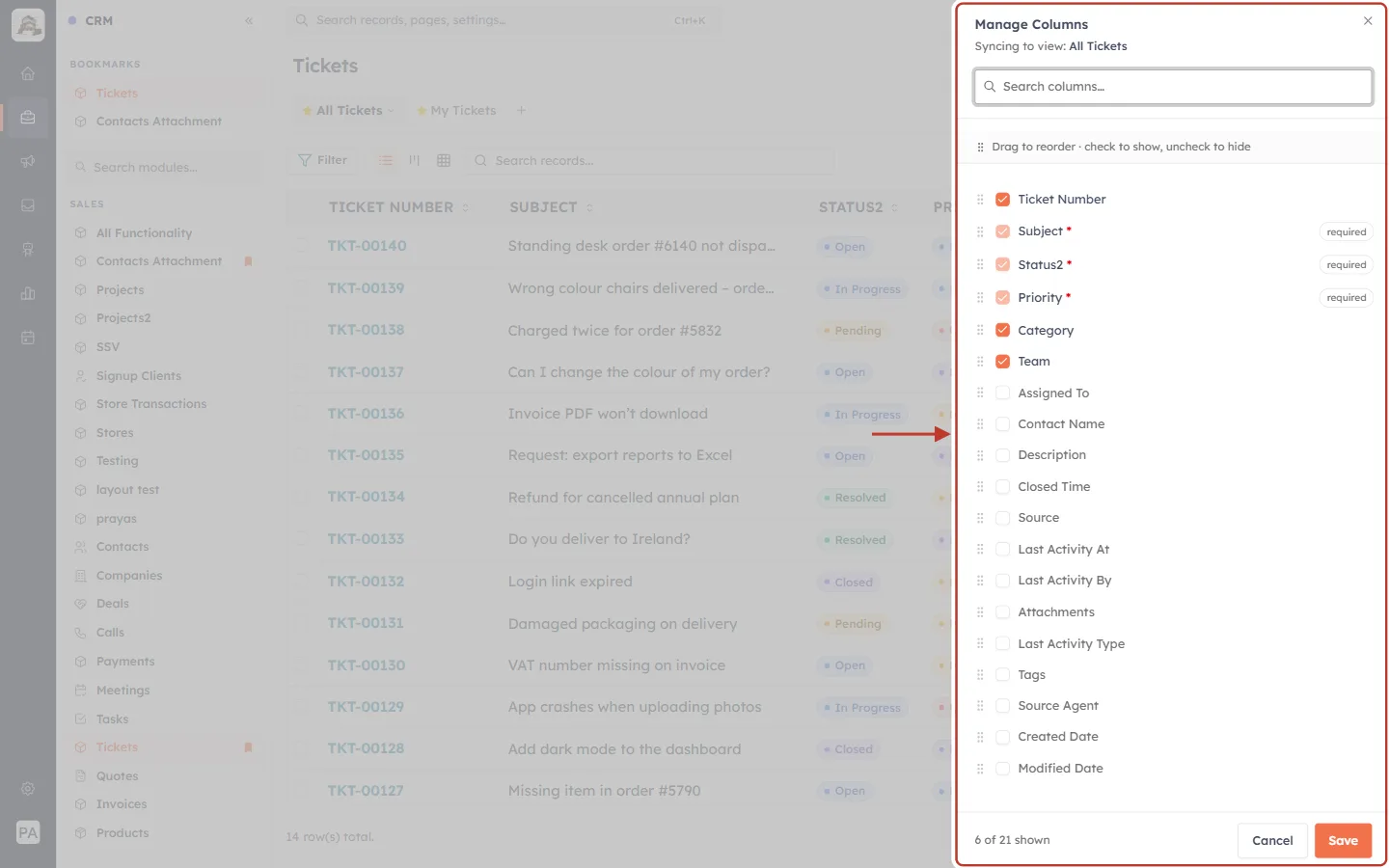 The Manage Columns panel