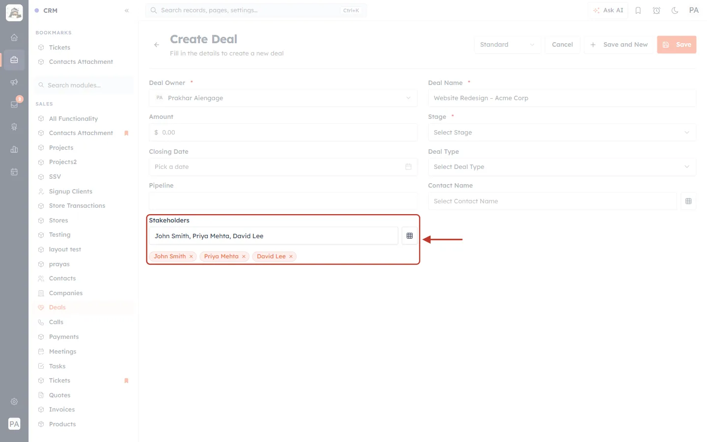 The Stakeholders field with three contacts added