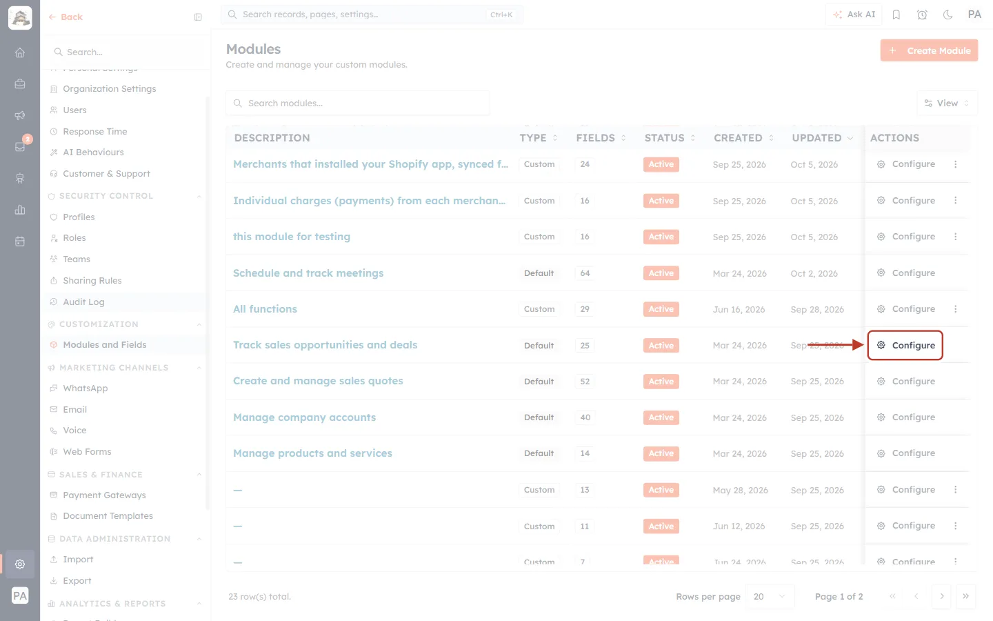 The Configure button on the Deals row