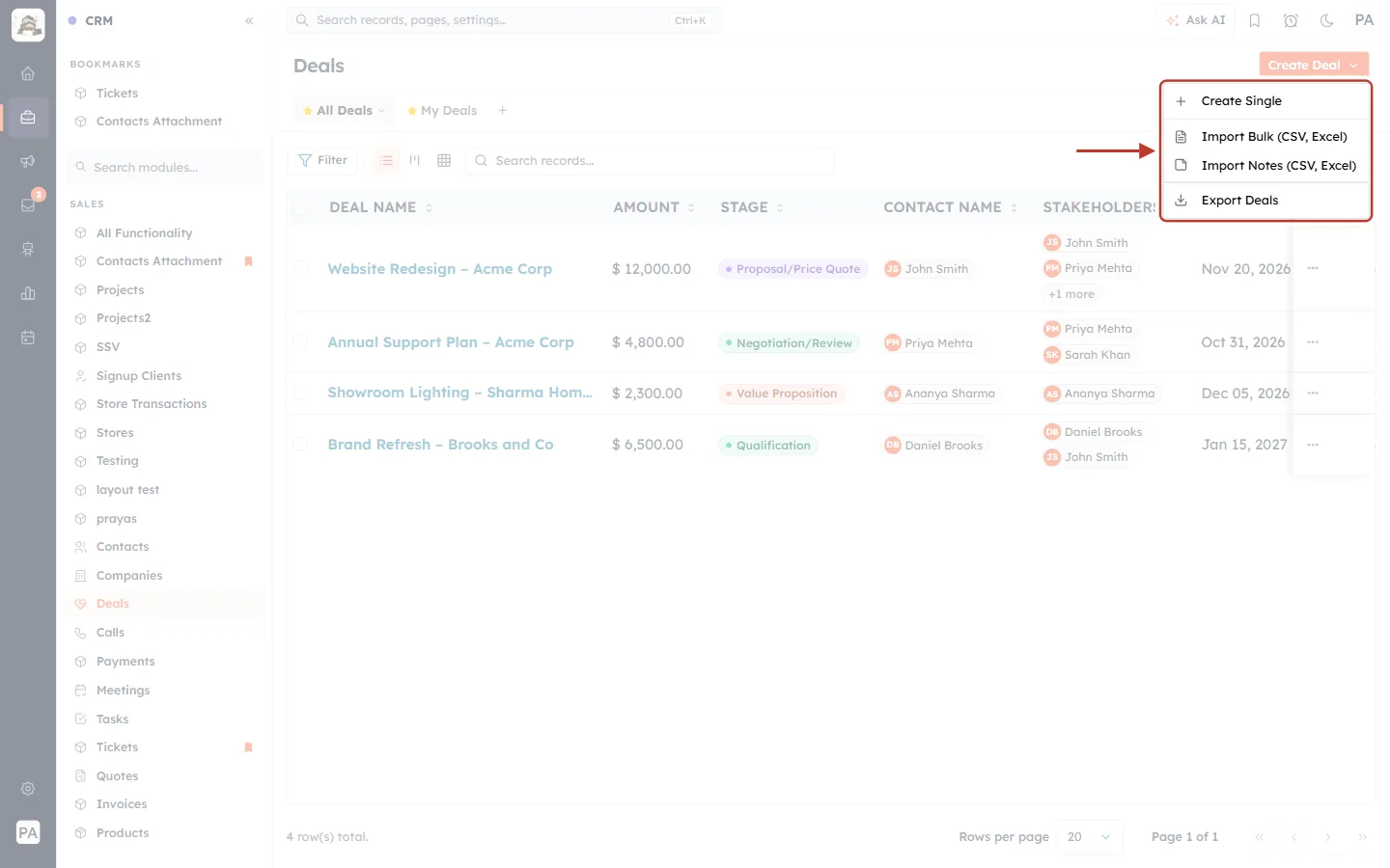 The Create Deal menu with Create Single