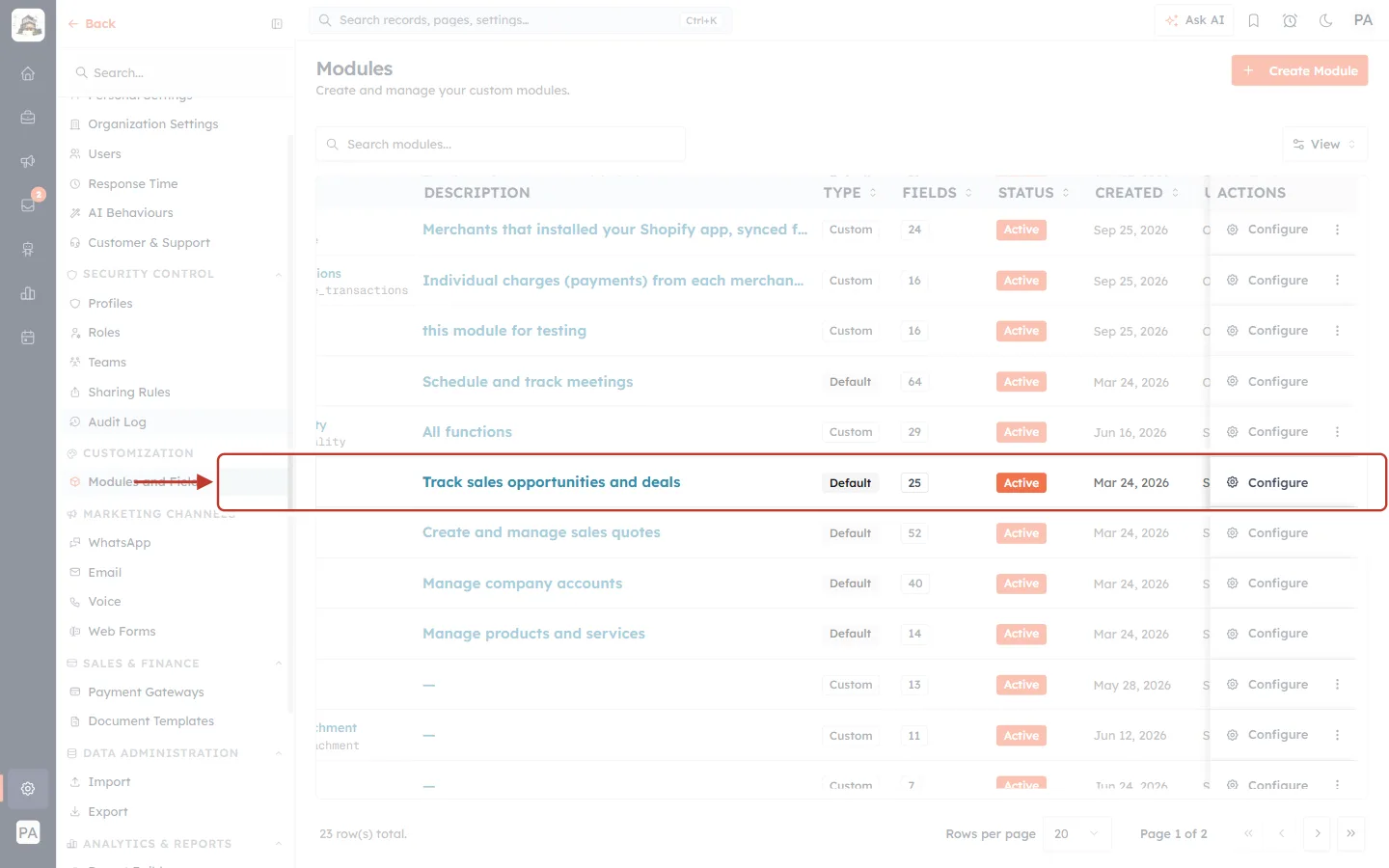 The Deals row in the Modules list