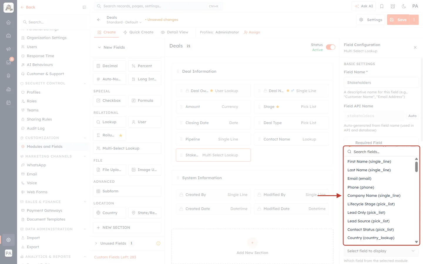 The list of fields that can be displayed