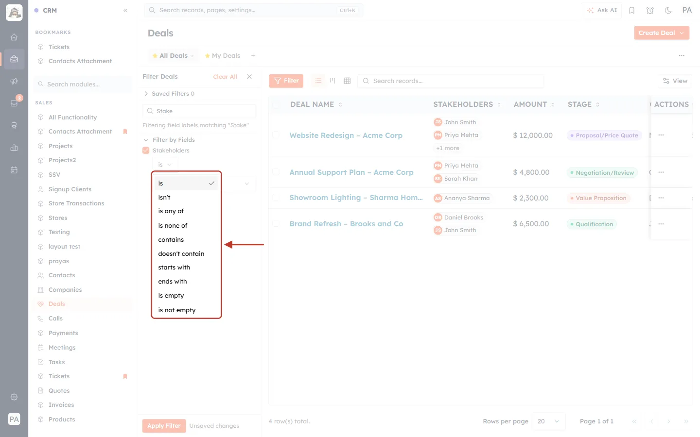 The list of filter conditions for a Multi-Select Lookup field