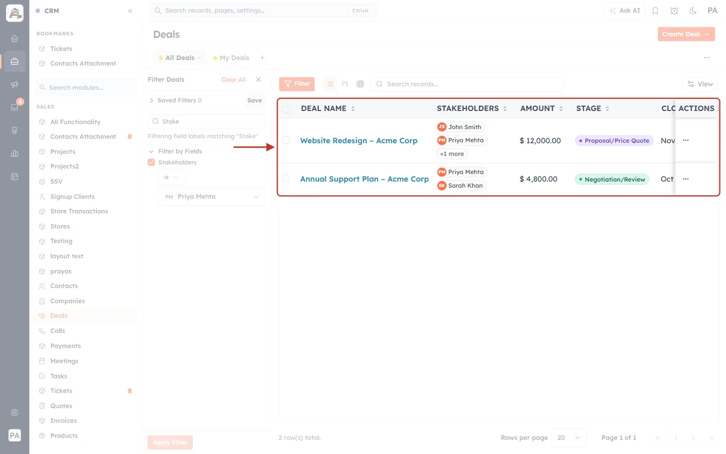 The Deals list filtered to Priya Mehta’s deals