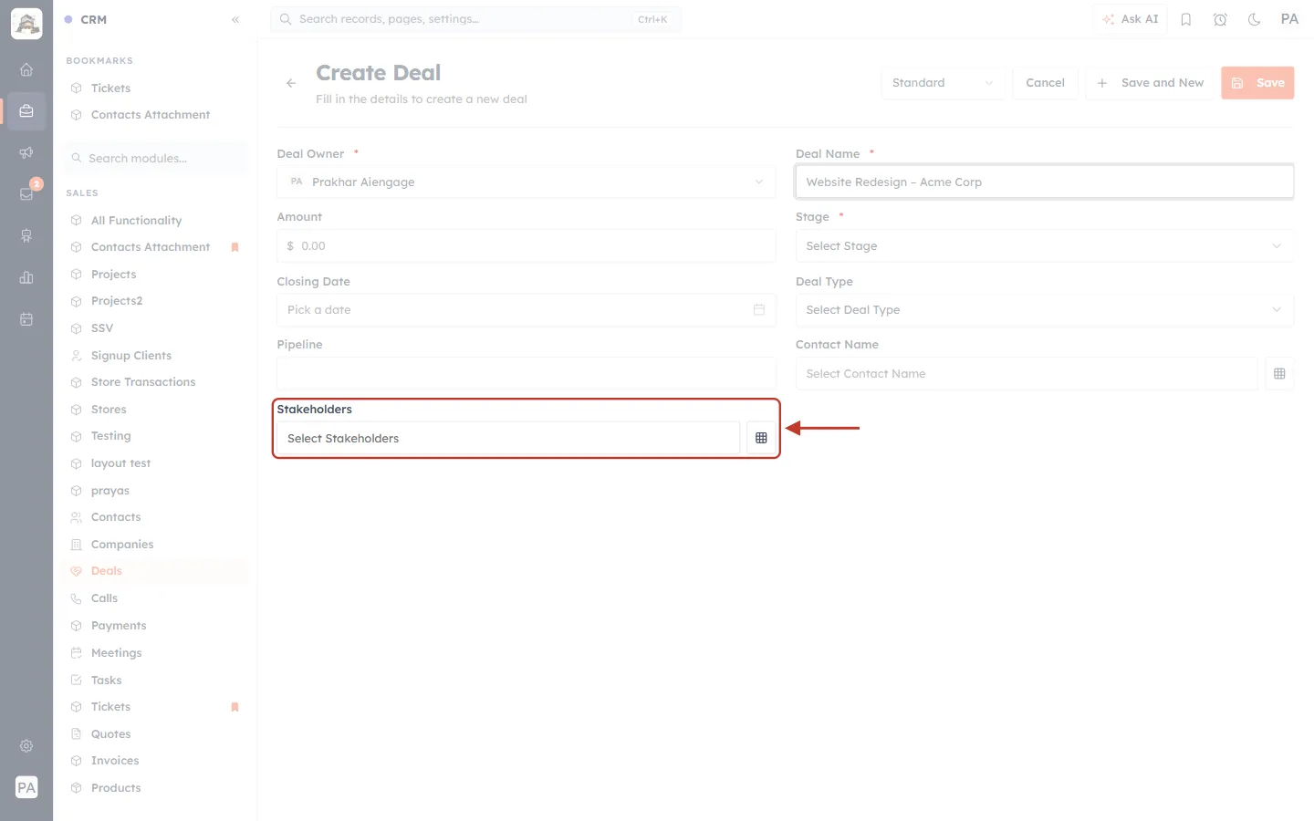 The empty Stakeholders field on the Create Deal form