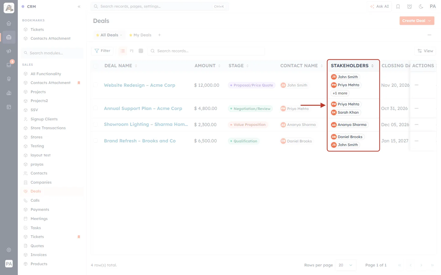 The Stakeholders column in the Deals list