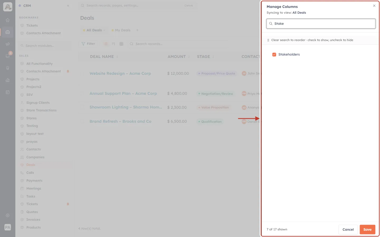 Adding the Stakeholders column in Manage Columns