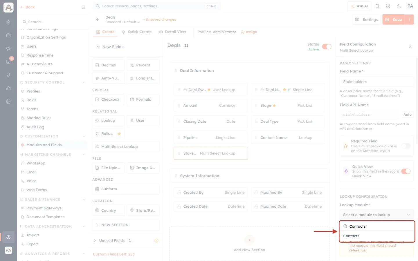 Searching the module list for Contacts