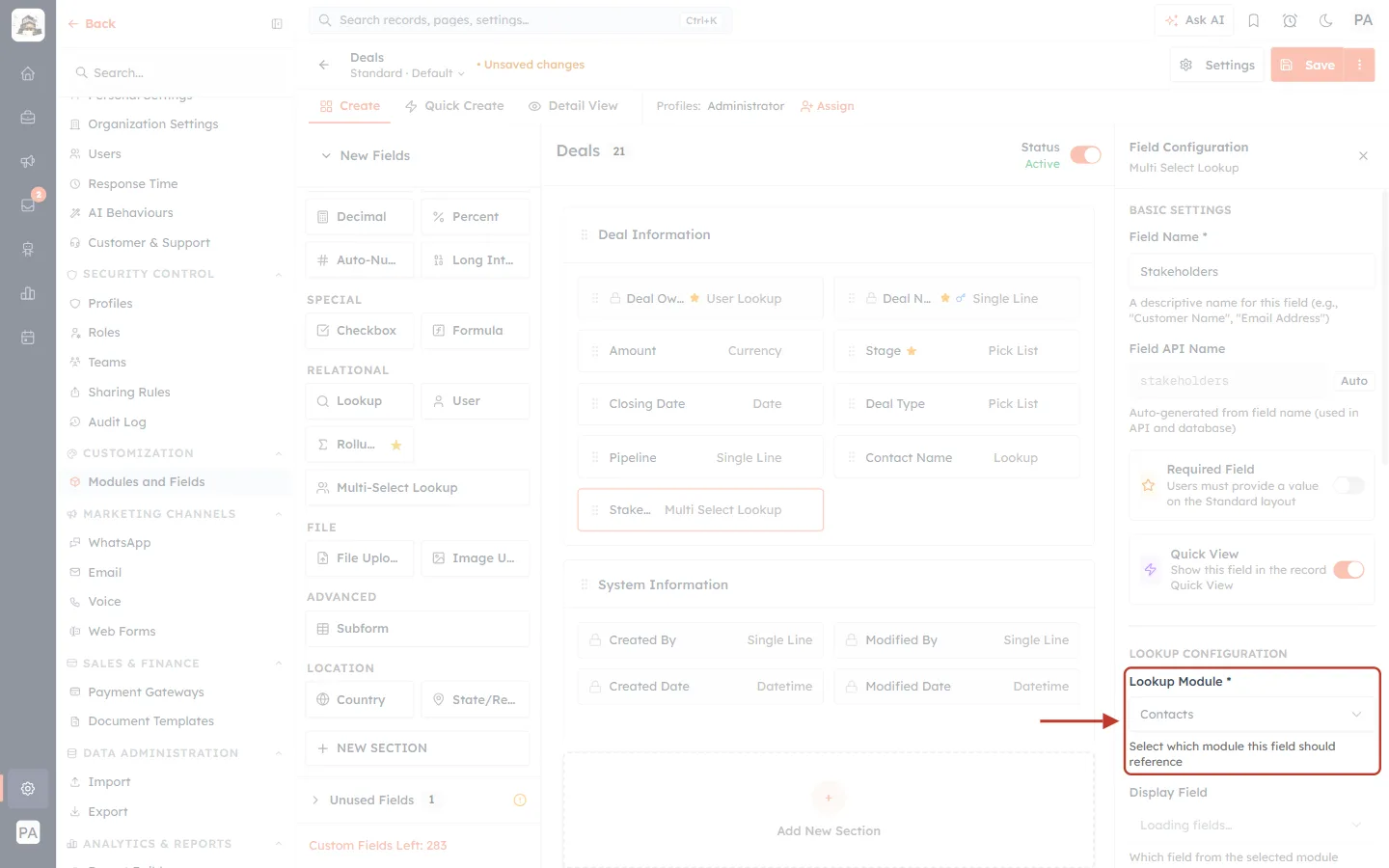 Lookup Module set to Contacts
