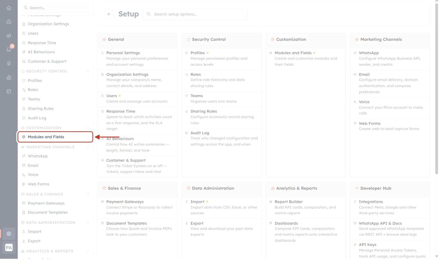 Modules and Fields in the Setup menu