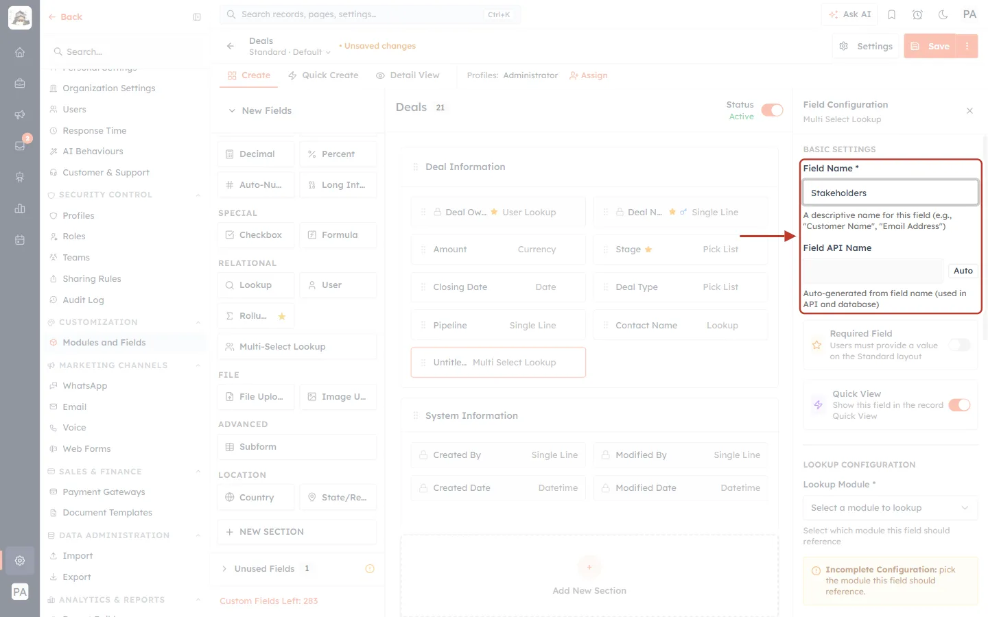Field Name set to Stakeholders, with the API name filled in