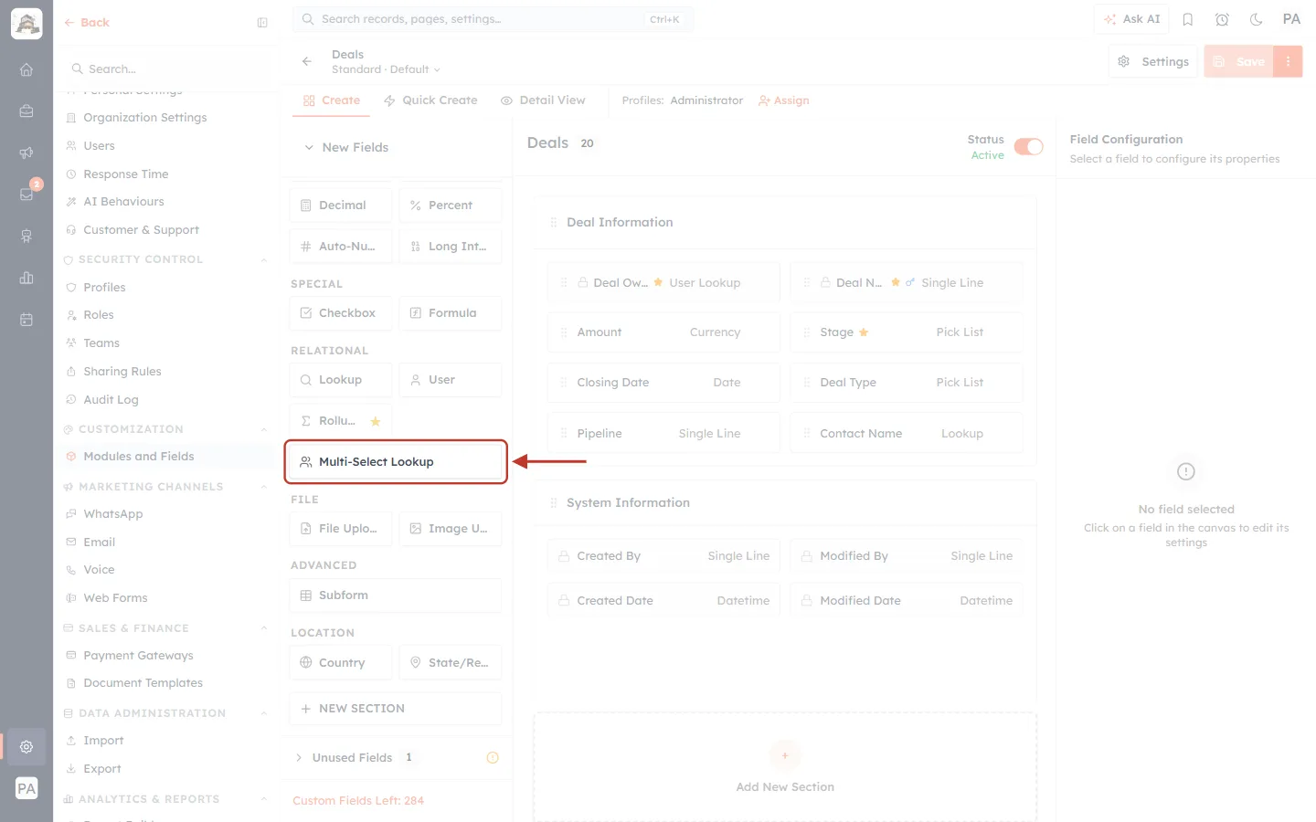 The Multi-Select Lookup tile in the RELATIONAL group