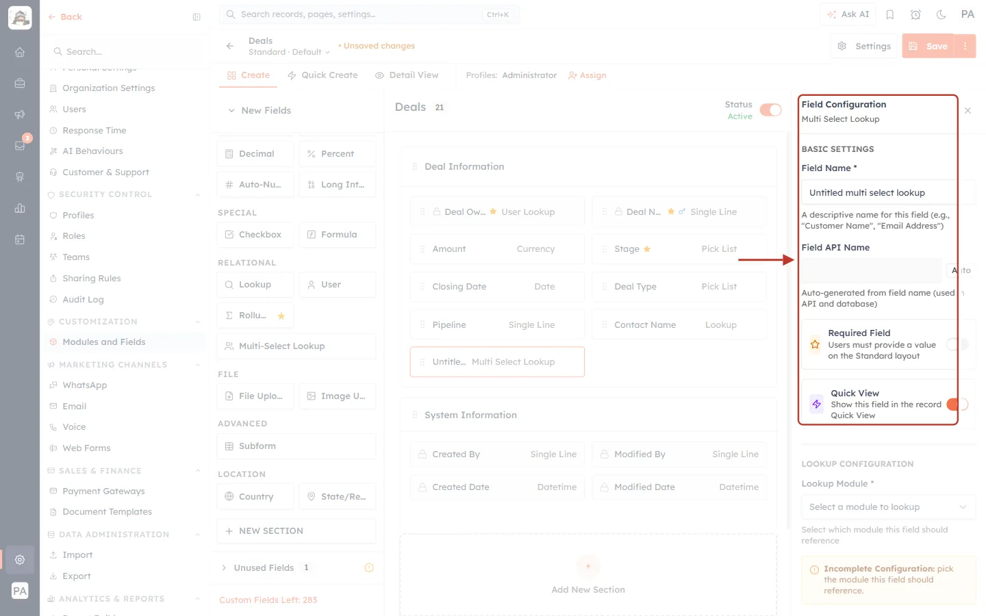 The Field Configuration panel for a Multi Select Lookup field