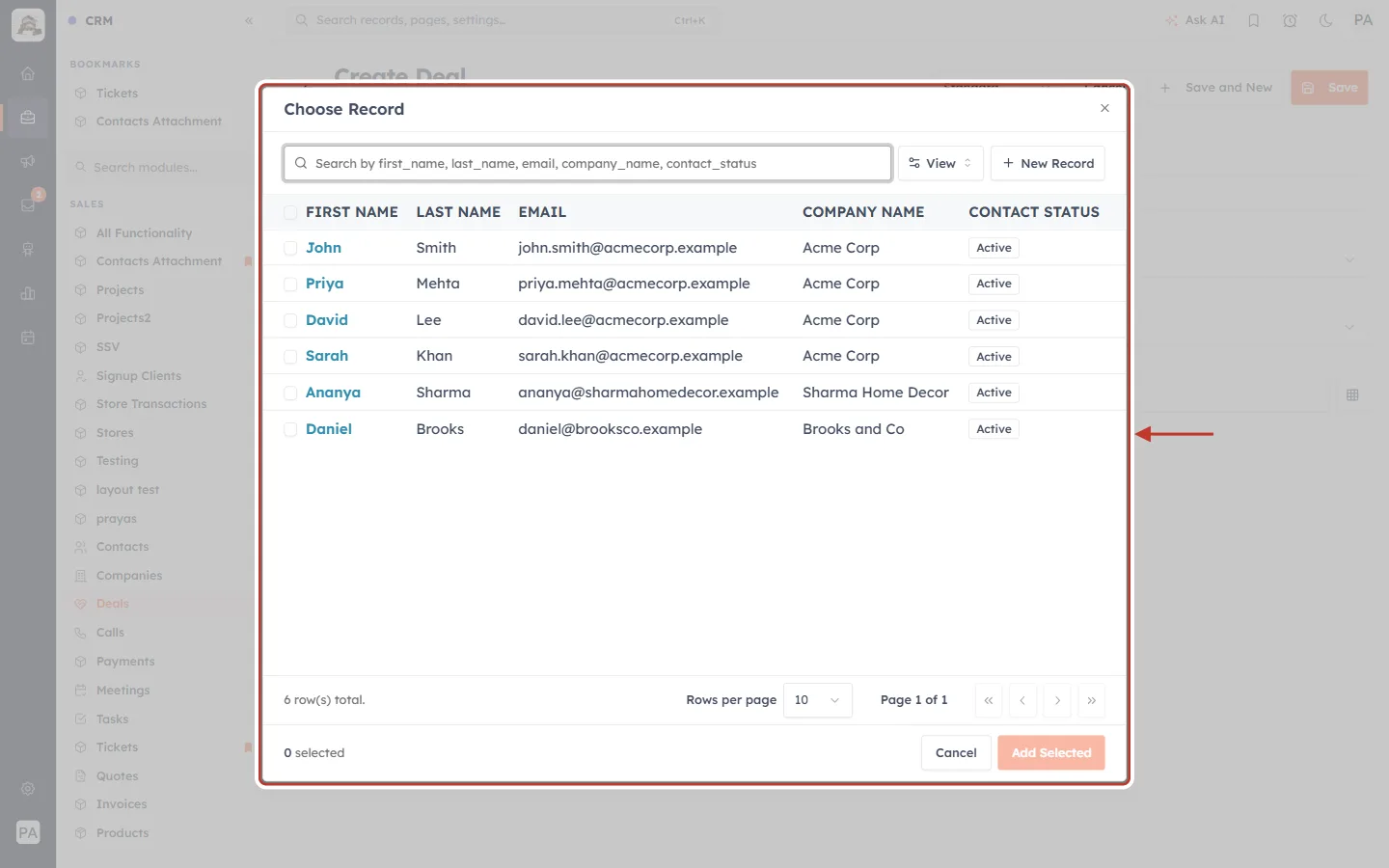 The Choose Record window listing contacts