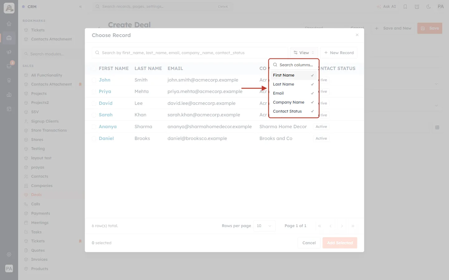 The View menu for choosing columns in the chooser
