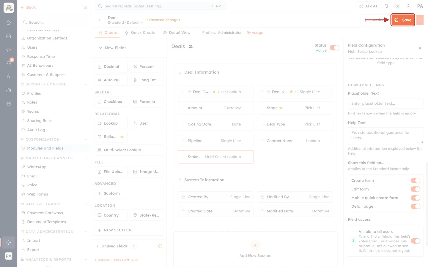 The Save button in the field builder