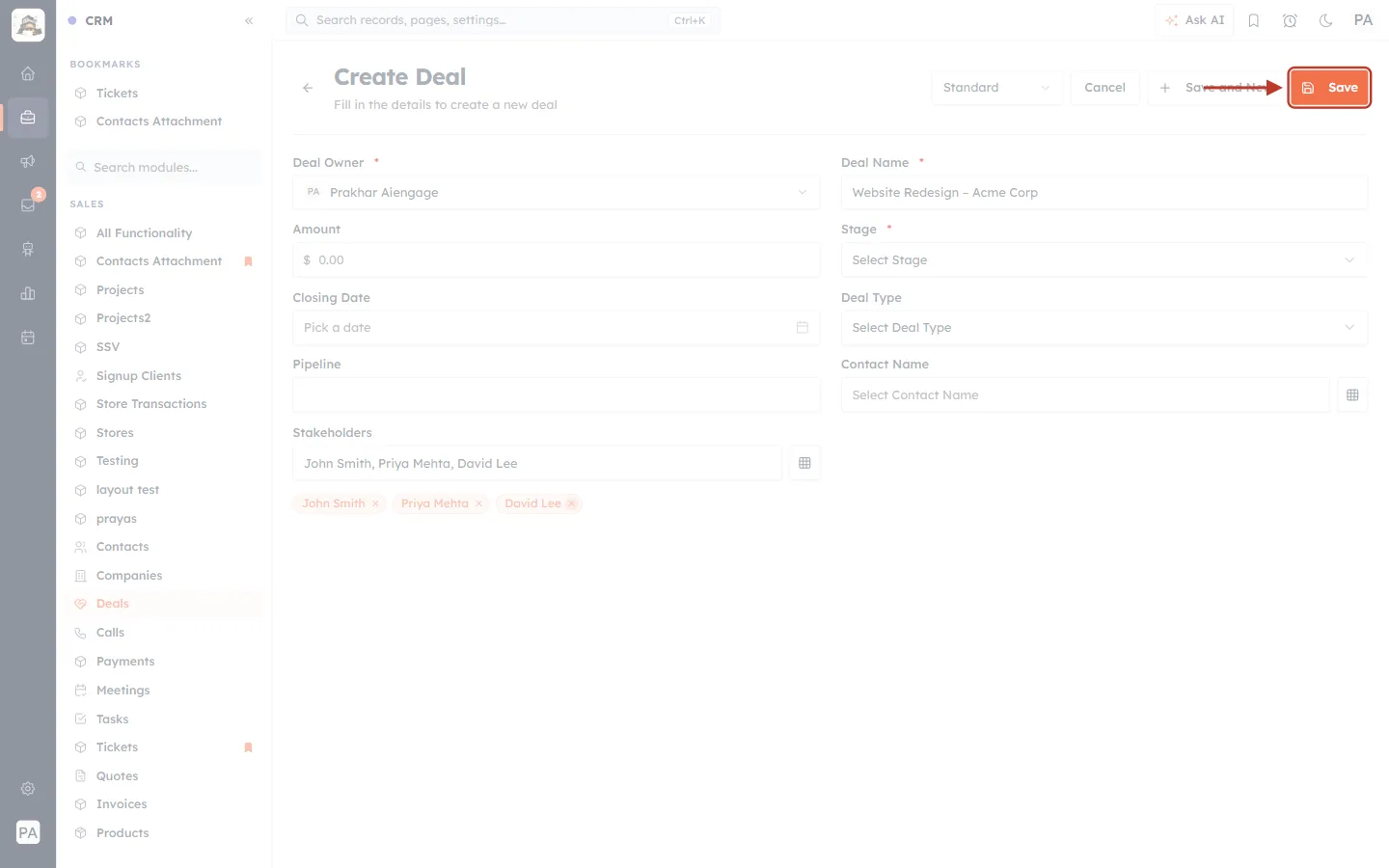 The Save button on the Create Deal form