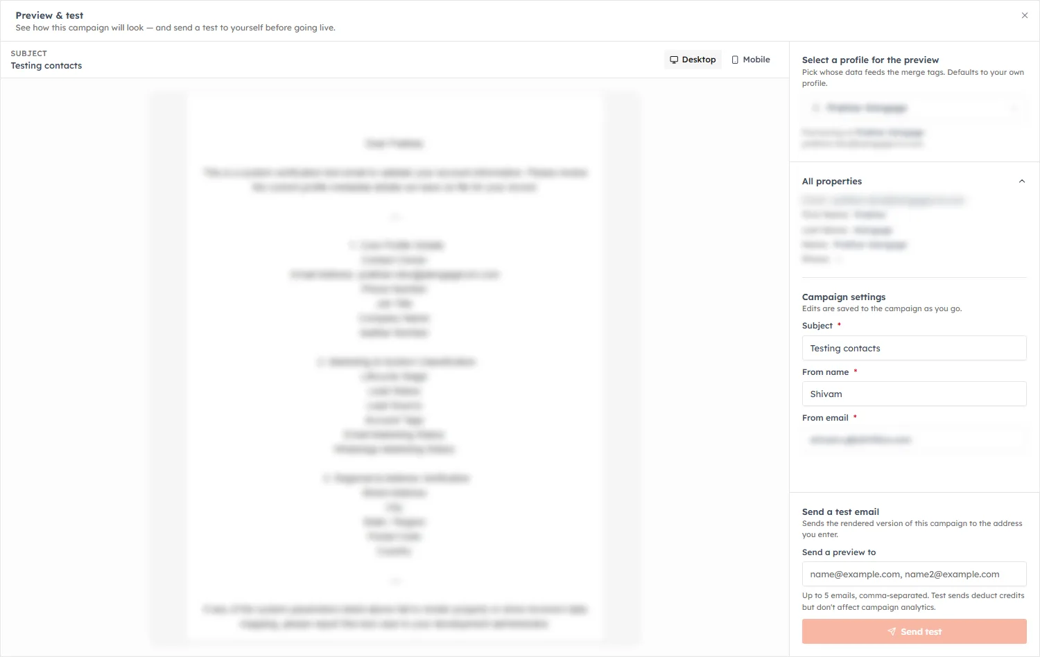 The Preview & test modal, with the rendered preview on the left and the test-send panel on the right