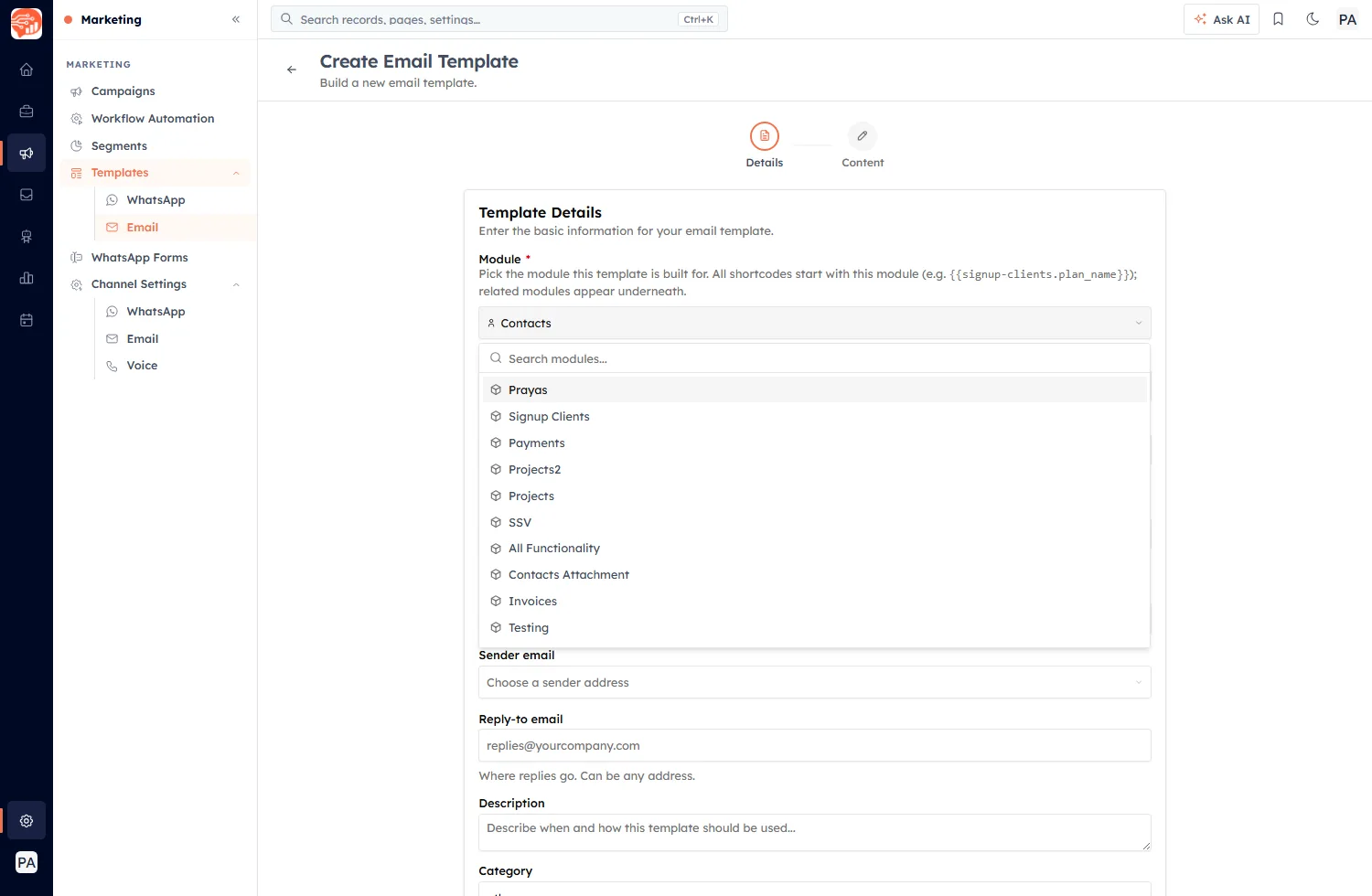The Module dropdown open on the template Details step