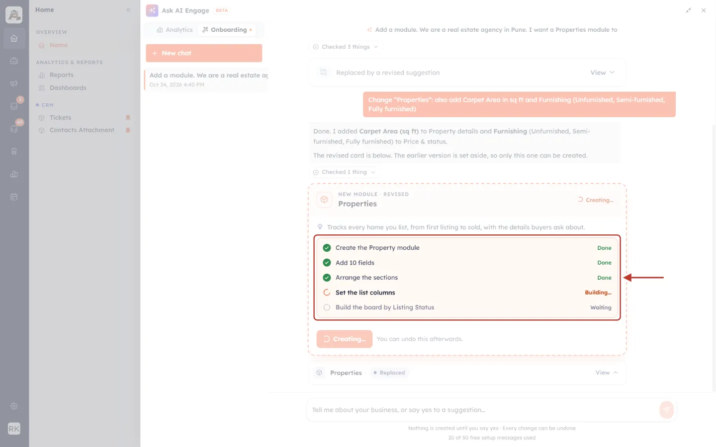 The creating checklist on the Properties card highlighted