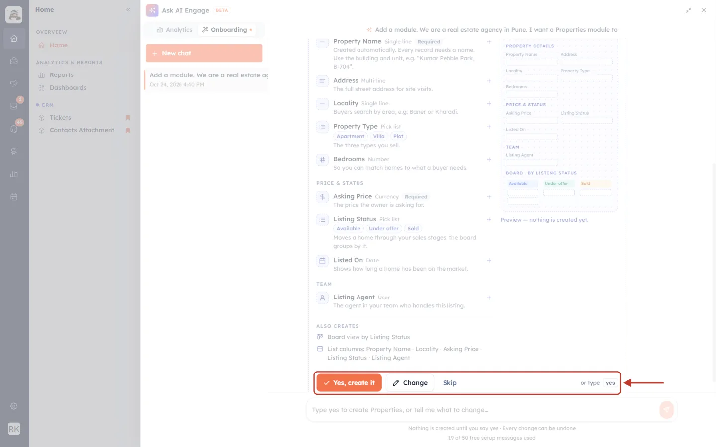 The Yes, create it, Change and Skip buttons highlighted