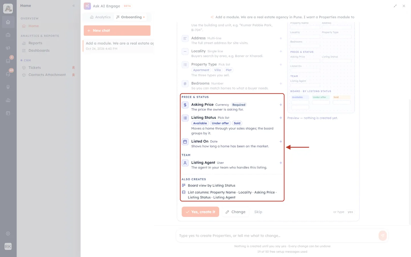 The Price & status and Team sections and the Also creates block highlighted