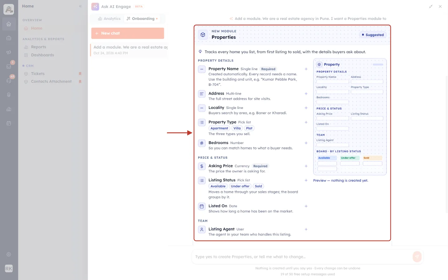 The Properties module card with its header, fields and preview highlighted