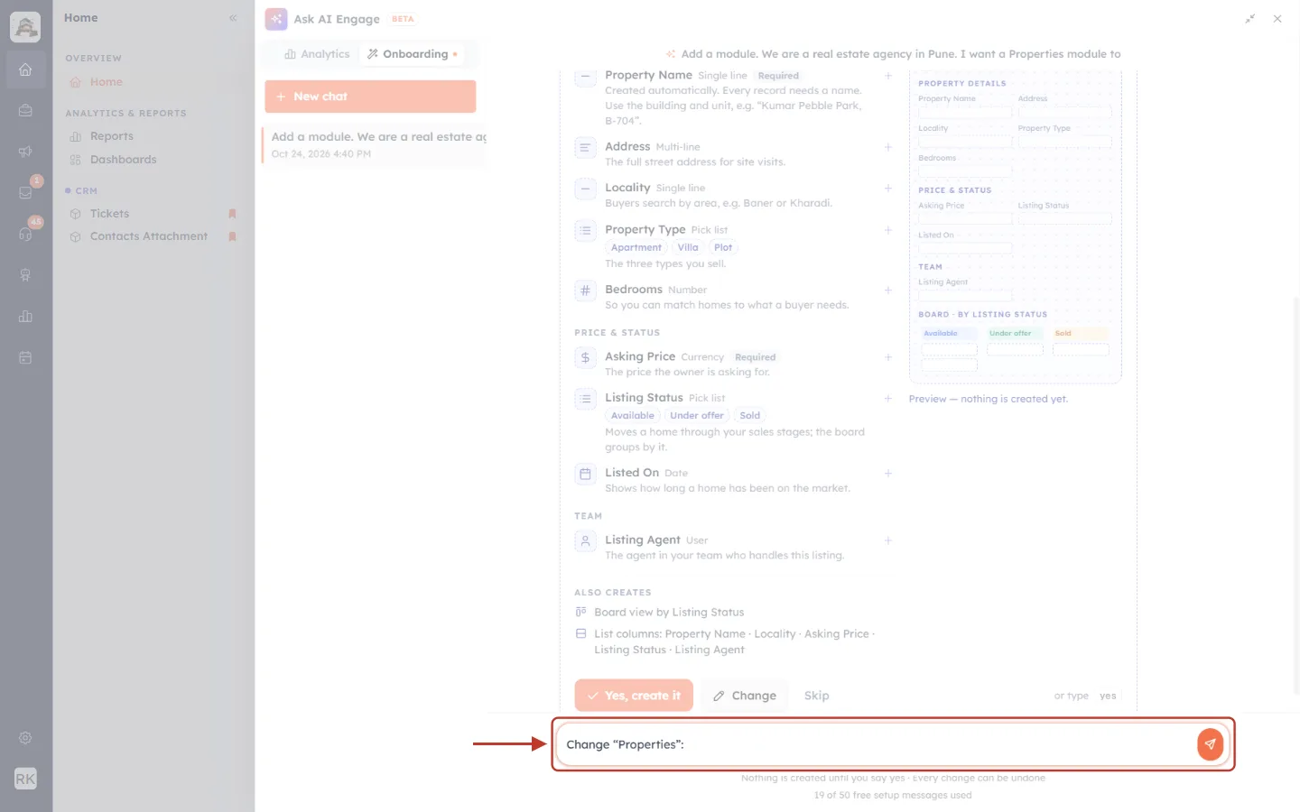 The message box filled with Change “Properties”: highlighted