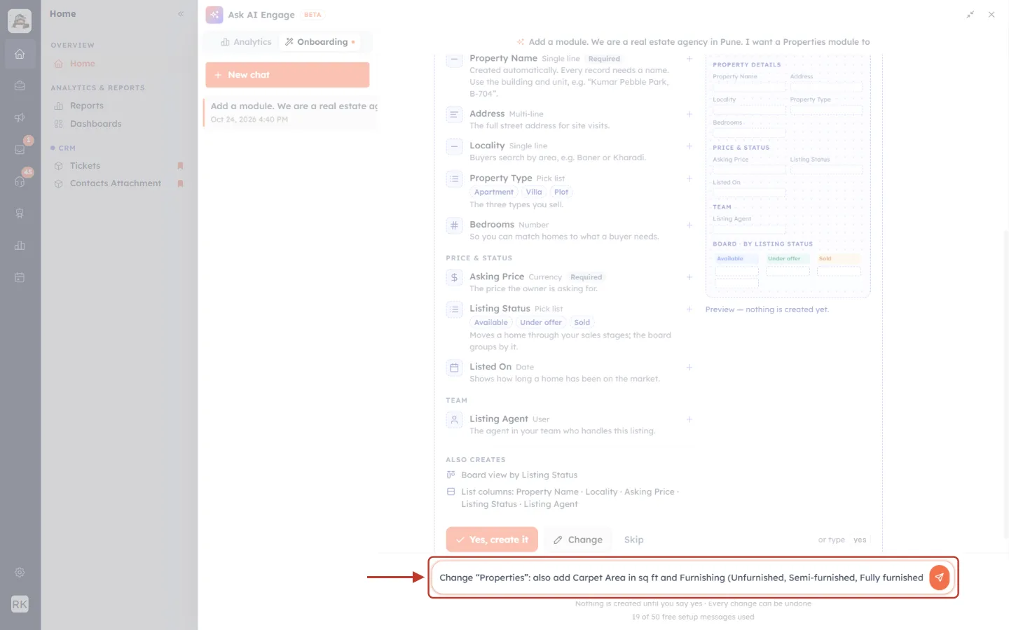 The change request typed in the message box highlighted