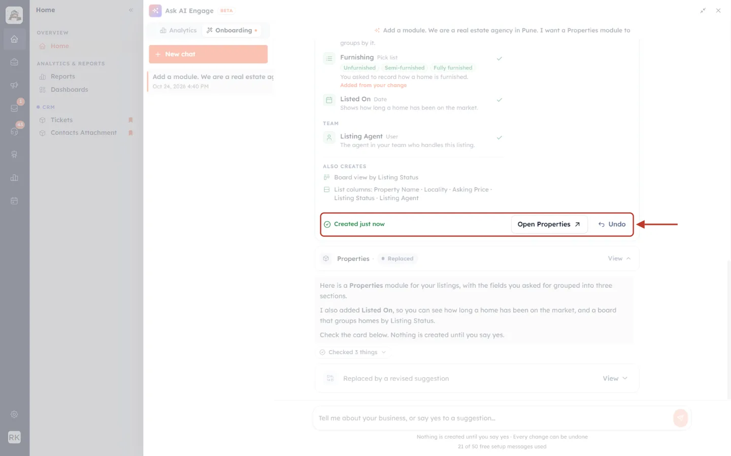 The Created just now line with Open Properties and Undo highlighted