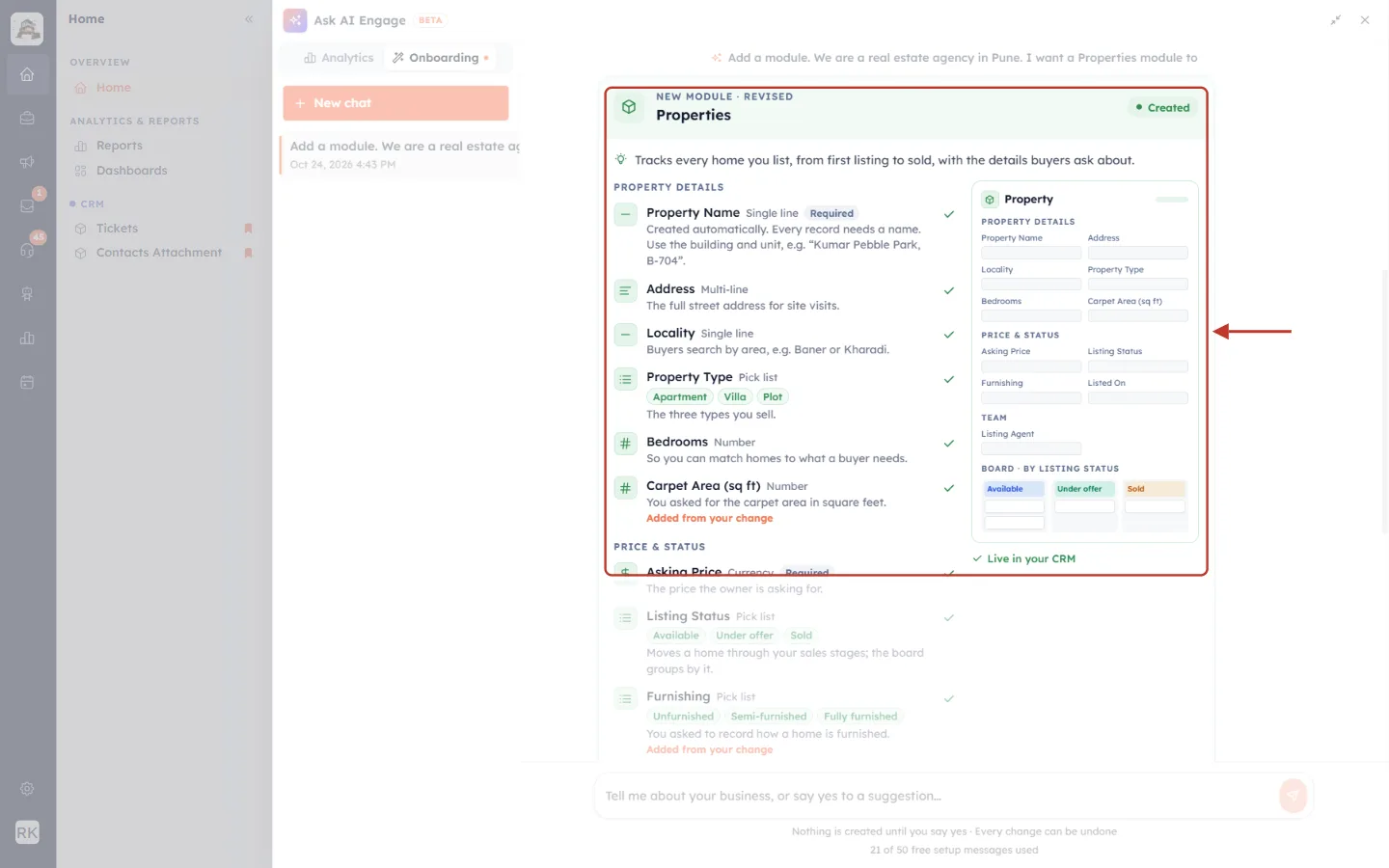 The created Properties card with green ticks highlighted