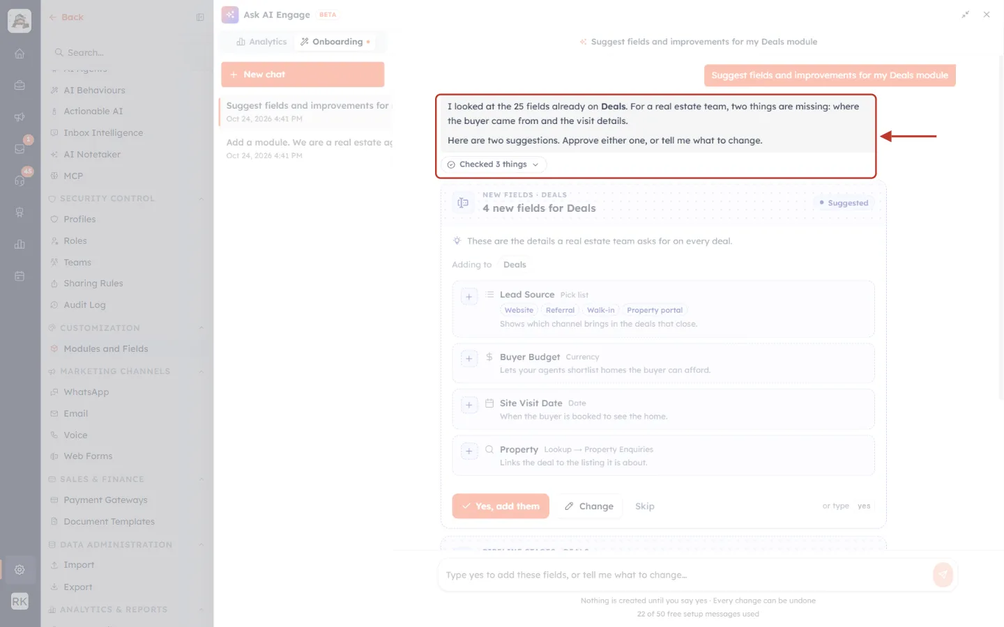 The assistant’s reply about the Deals module highlighted