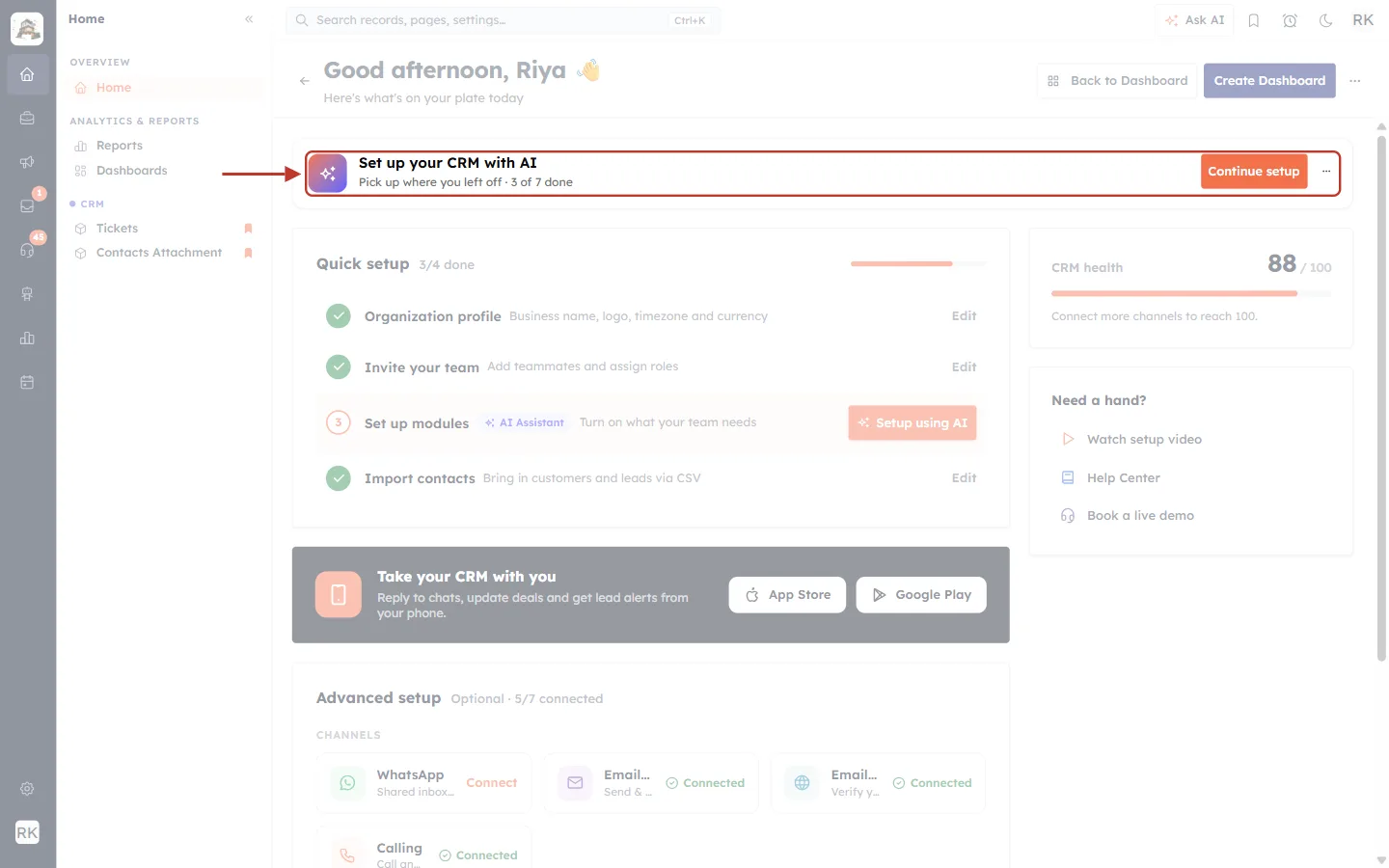 The Set up your CRM with AI card with its Continue setup button highlighted