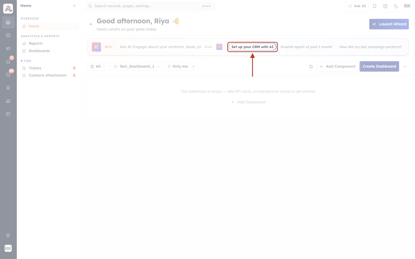 The Set up your CRM with AI chip in the Ask AI Engage bar highlighted