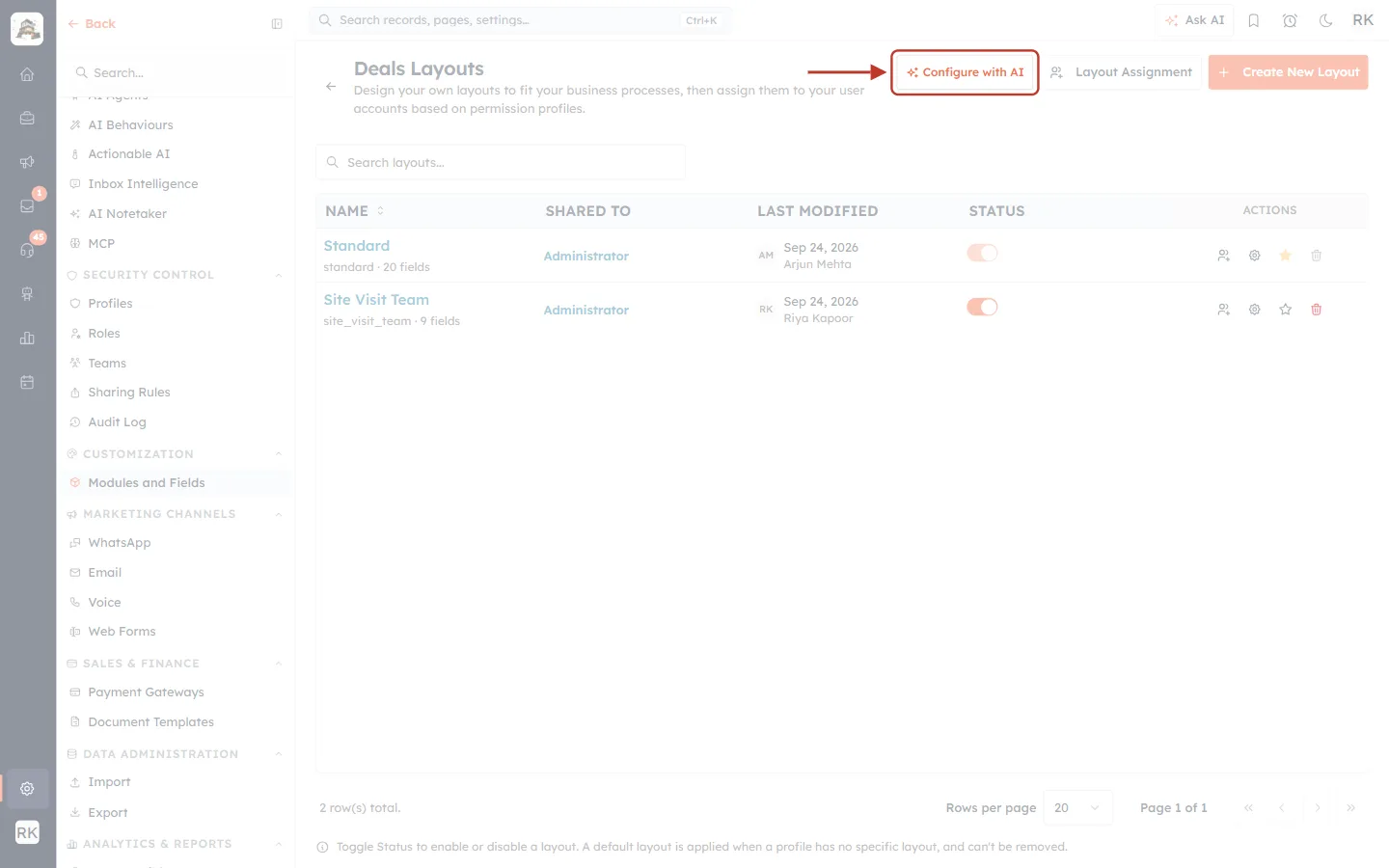 The Deals Layouts page with the Configure with AI button highlighted