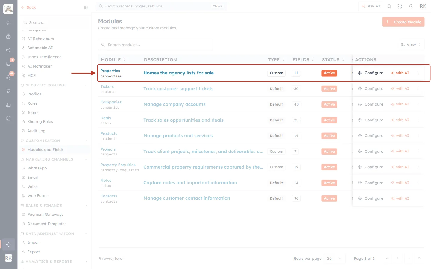 The Modules list with the new Properties module highlighted