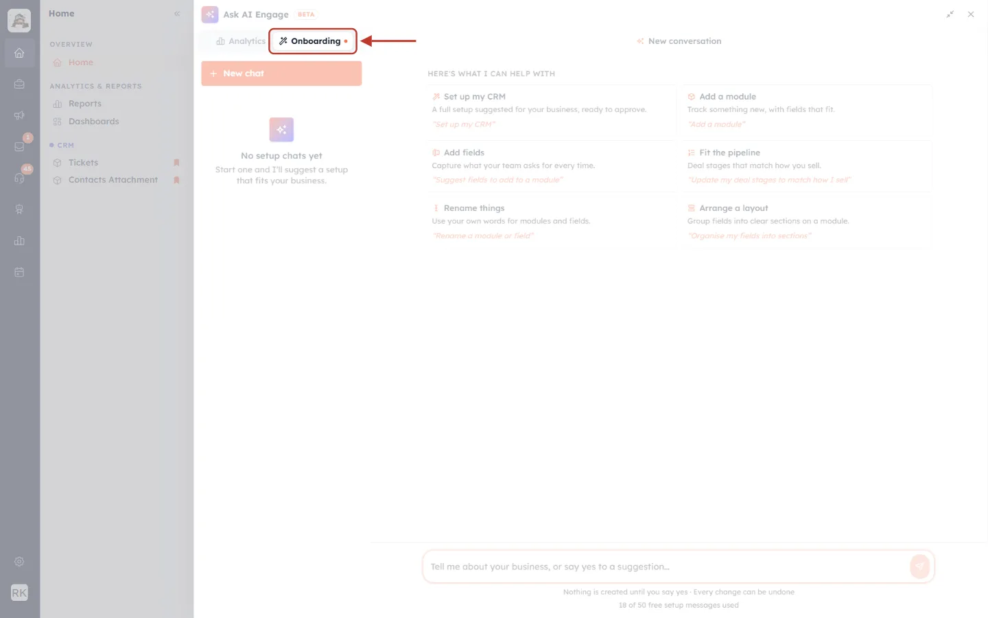 Ask AI Engage panel with the Onboarding tab highlighted