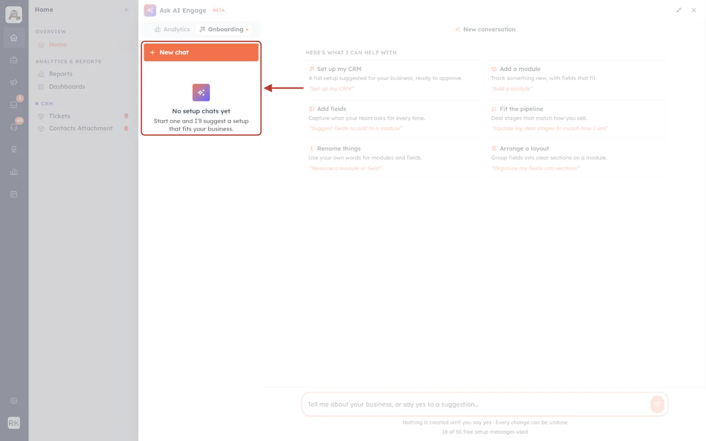 The setup chats list with New chat and No setup chats yet highlighted