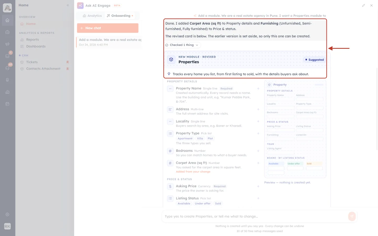 The reply and the revised Properties card header highlighted