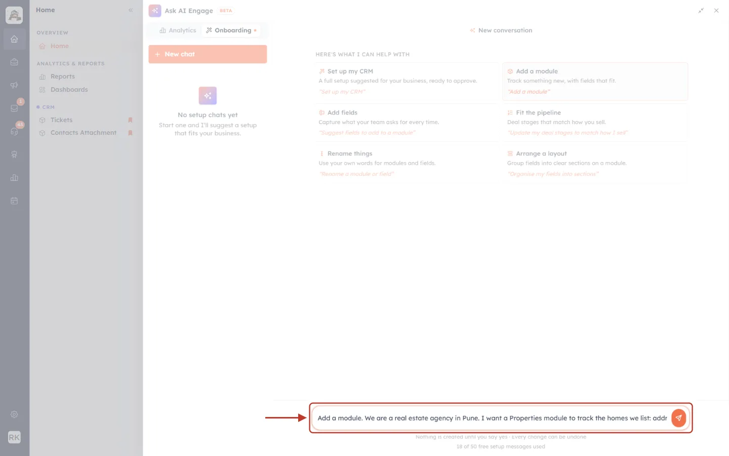 The message box with the Properties module request typed in