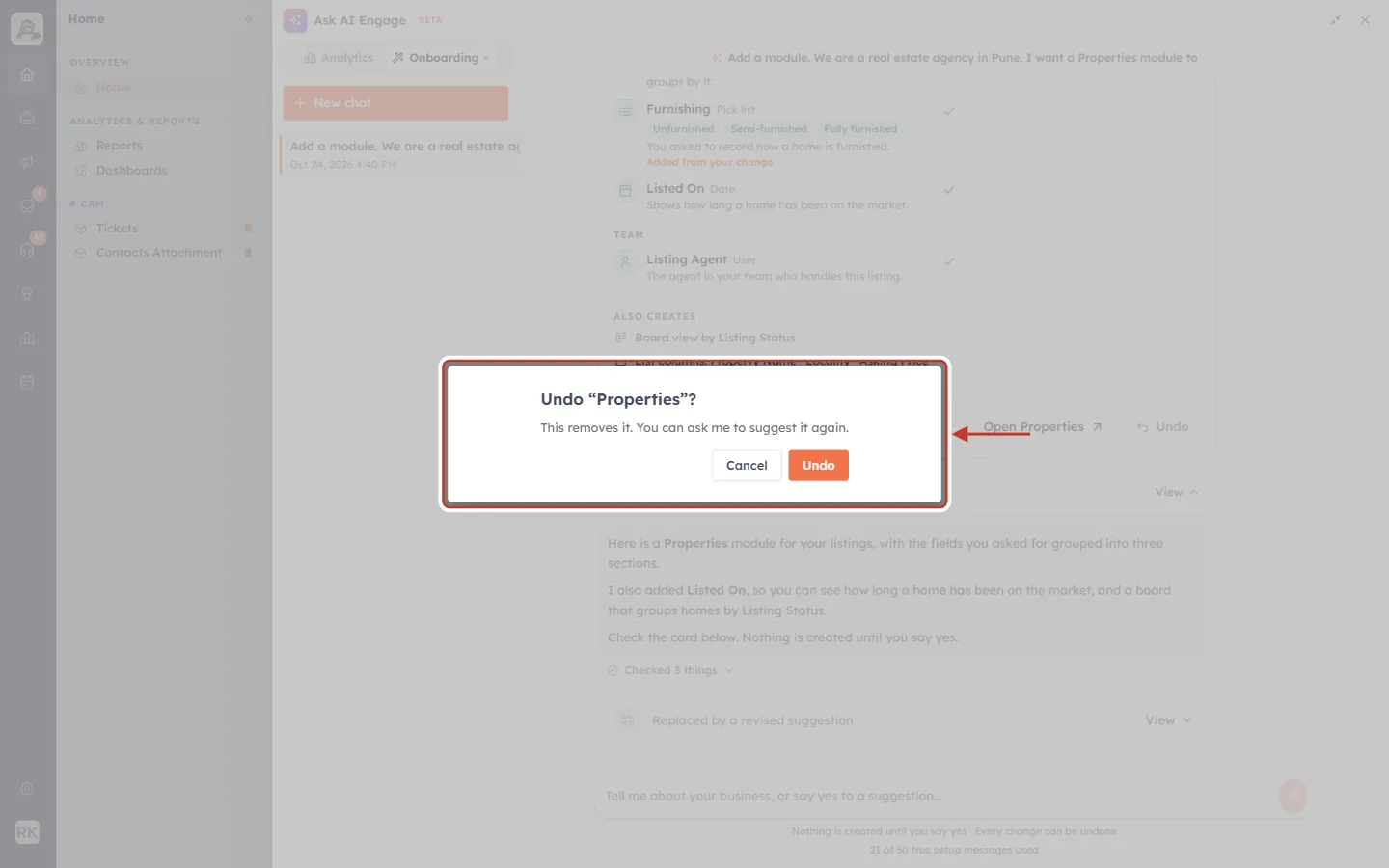 The Undo “Properties”? confirmation dialog highlighted