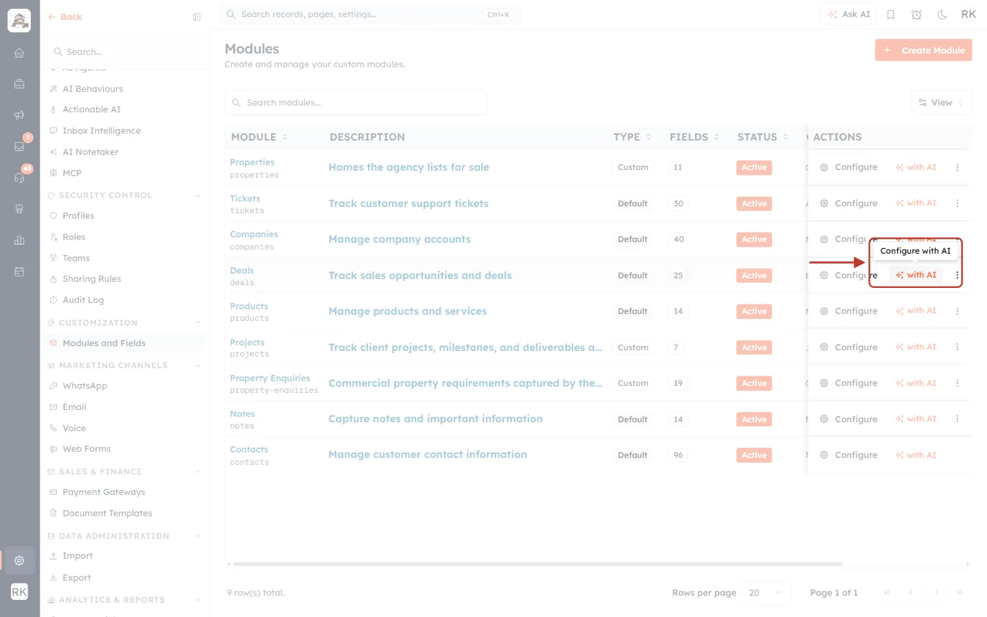 The with AI button on the Deals row and its Configure with AI tooltip highlighted