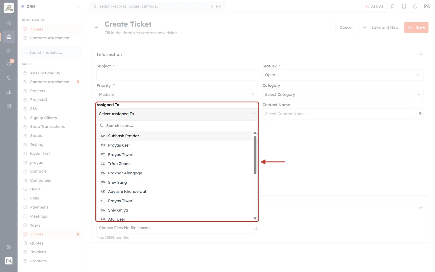 Assigned To list on the Create Ticket form