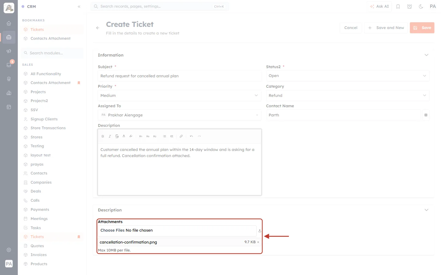 Attachment added to the Create Ticket form