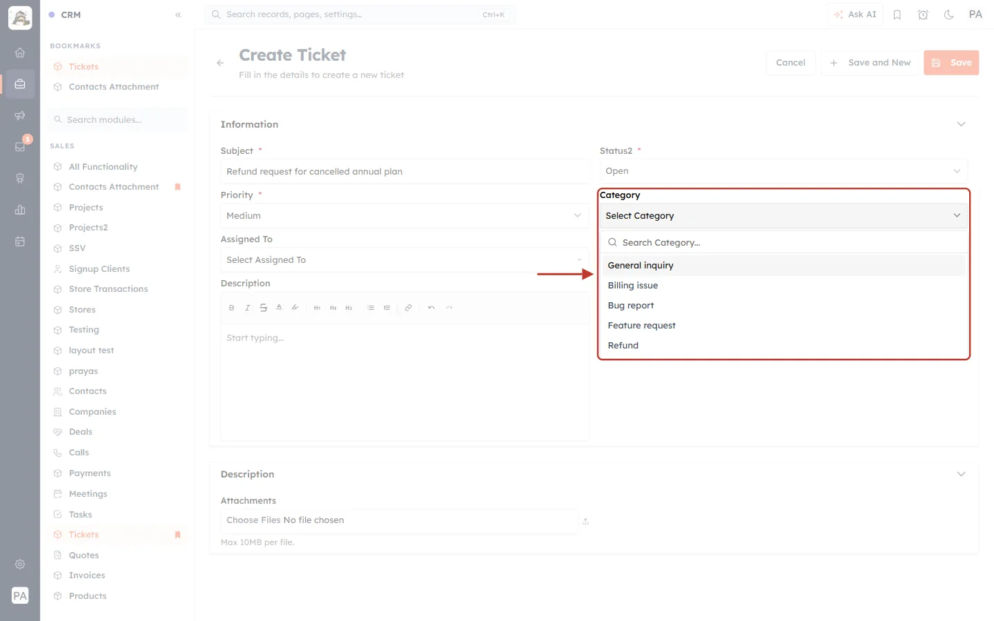 Category list on the Create Ticket form