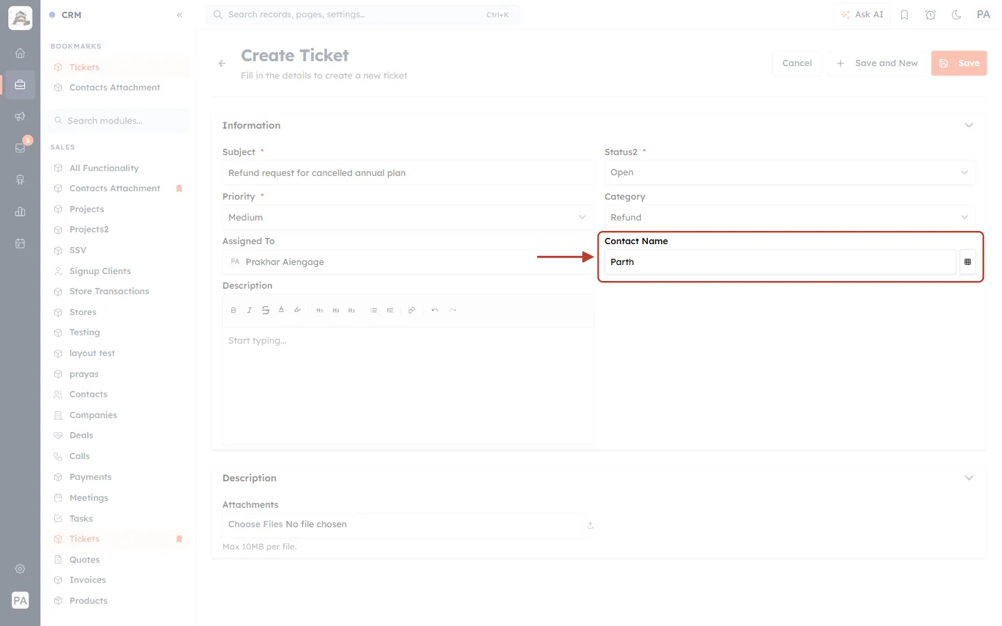Contact Name filled in on the Create Ticket form