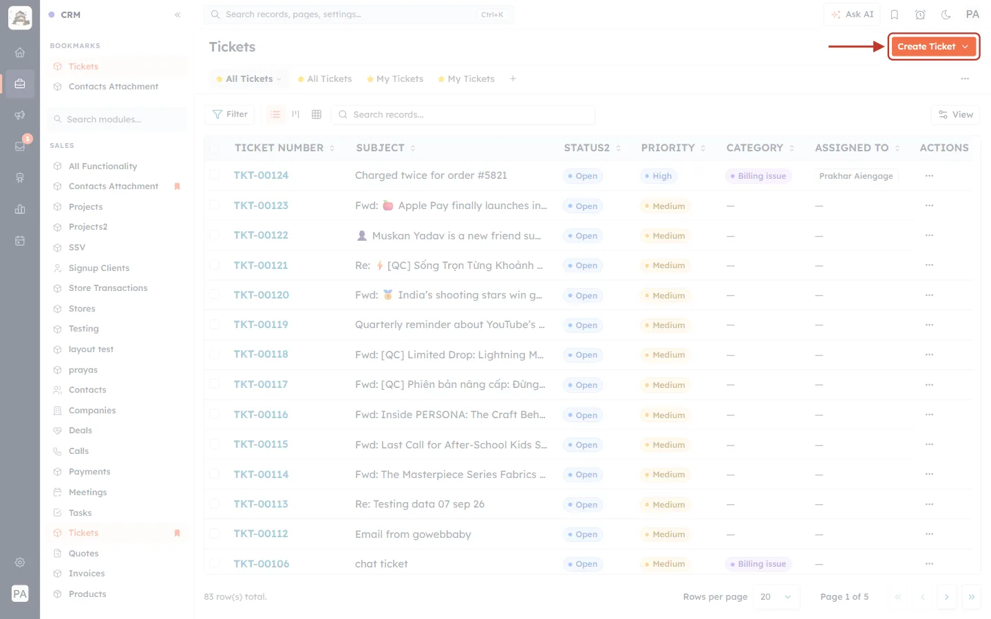 The Create Ticket button on the Tickets list